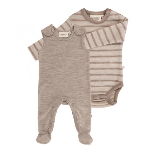 -pak Uldpakke Til Baby  Romper Med Fødder   Body Med Knap   100  Merinould 56 Beige Melange Beige Stribe