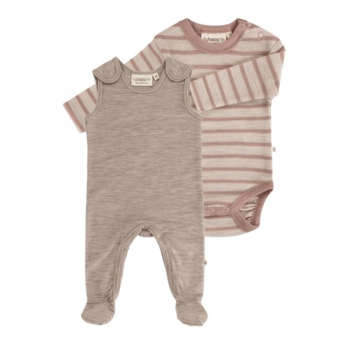 -pak Uldpakke Til Baby  Romper Med Fødder   Body Med Knap   100  Merinould 56 Beige Melange Soft Rose Stribe