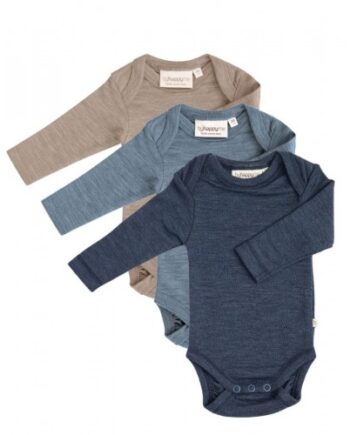 Body Med Lang ærme Og Amerikansk Lukning Til Baby   100  økologisk Merino Uld    -pak Blue Melange 56
