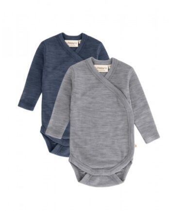 Body Med Lang ærme Og Slå Om Lukning Til Baby   100  økologisk Merino Uld   -pak 56 Steel Blue