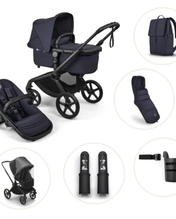 Bugaboo Fox   Renew Kombivogn Inkl  Puslerygsæk  Kørepose  Kopholder  Højdeadapter Og Regnslag Black Deep Indigo
