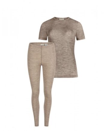 Damesæt   100  Merino Uld  Kort ærme Og Leggings  1x1 Rib Beige Melange