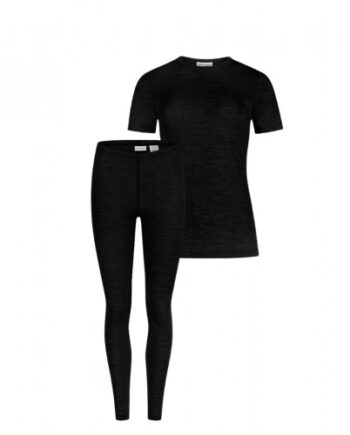 Damesæt   100  Merino Uld  Kort ærme Og Leggings  1x1 Rib Black
