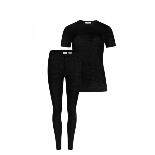 Damesæt 100 Merino Uld Kort ærme Og Leggings 1x1 Rib Black