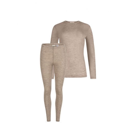 Damesæt 100 Merino Uld Langærmet -shirt Leggings 1x1 Rib Beige Melange