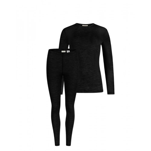 Damesæt 100 Merino Uld Langærmet -shirt Leggings 1x1 Rib Black