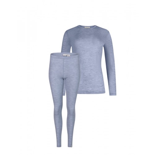 Damesæt 100 Merino Uld Langærmet -shirt Leggings 1x1 Rib Light Blue Melange