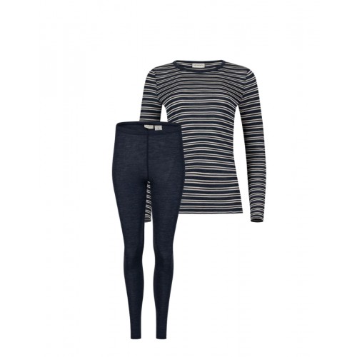 Damesæt 100 Merino Uld Langærmet -shirt Leggings 1x1 Rib Nature Navy Melange