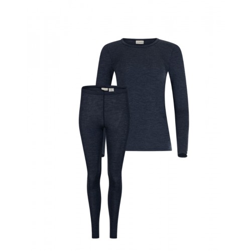 Damesæt 100 Merino Uld Langærmet -shirt Leggings 1x1 Rib Navy Melange