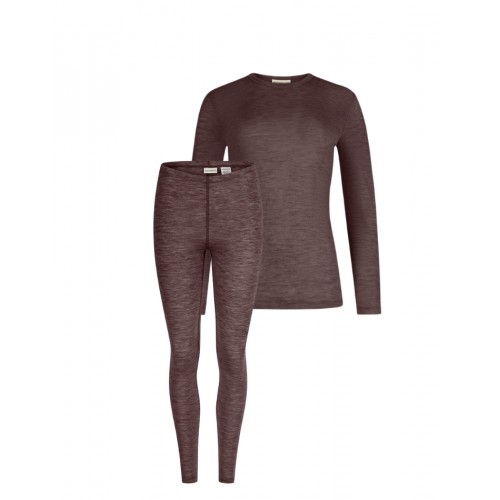 Damesæt 100 Merino Uld Langærmet -shirt Leggings 1x1 Rib Plum Melange