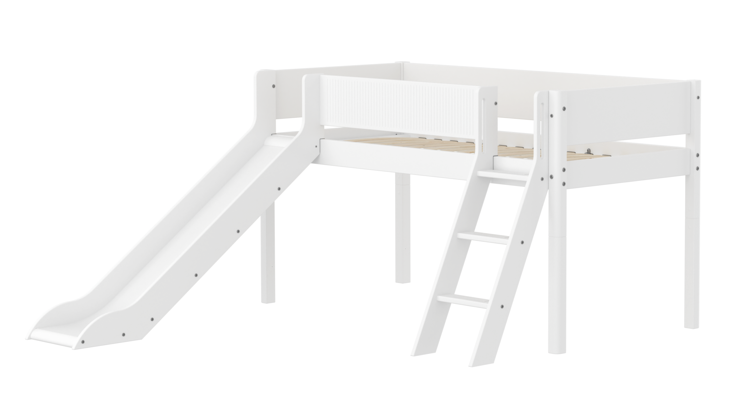 Flexa White Halvhøj Seng 120 Cm Med Rutchebane Skrå Stige Og Grooves Sengehest 90x200 Cm Hvid