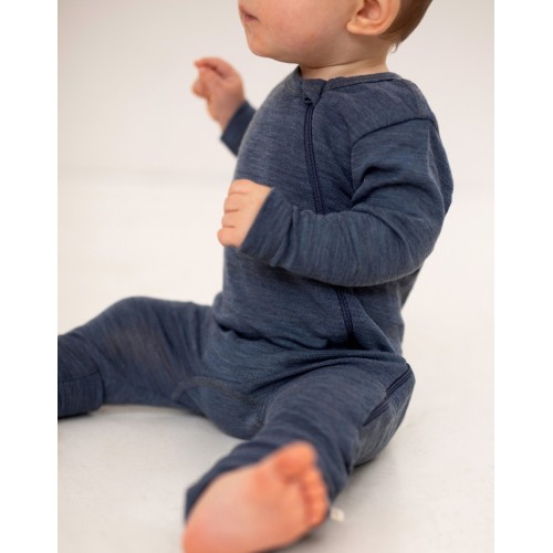 Heldragt   100  økologisk Merino Uld Med Lynlås   Siden Til Baby Navy Melange 56