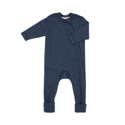 Heldragt   100  økologisk Merino Uld Med Lynlås   Siden Til Baby Navy Melange 56