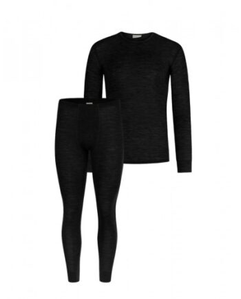 Herresæt   100  Merino Uld   Langærmet  -shirt Og Longjohns 1x1 Rib Black
