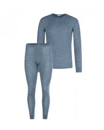Herresæt   100  Merino Uld   Langærmet  -shirt Og Longjohns 1x1 Rib Blue Melange