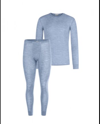 Herresæt   100  Merino Uld   Langærmet  -shirt Og Longjohns 1x1 Rib   Light Blue Melange