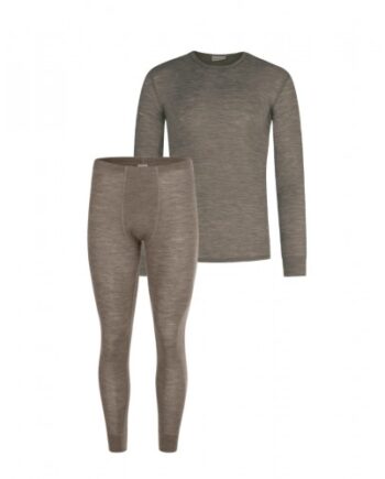 Herresæt   100  Merino Uld   Langærmet  -shirt Og Longjohns 1x1 Rib Light Brown Melange