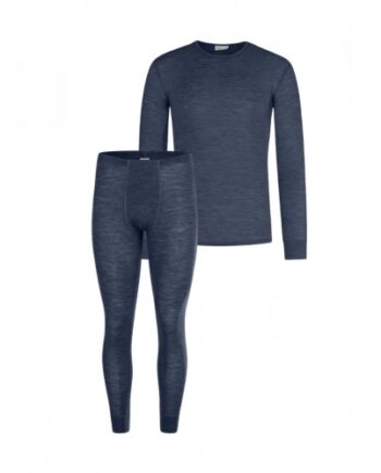 Herresæt   100  Merino Uld   Langærmet  -shirt Og Longjohns 1x1 Rib Navy Melange