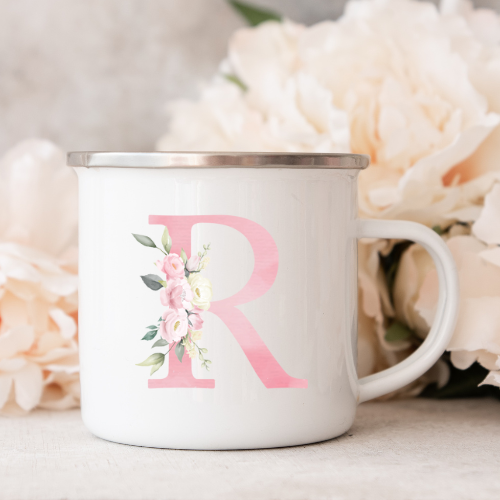 Kop Med Bogstav Kop Med Initial Blomst Lyserød