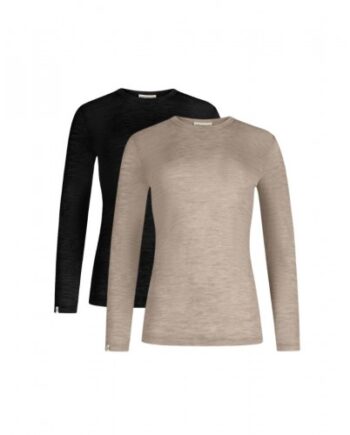 Langærmet  -shirt Til Dame   100  Merino Uld  1x1 Rib   -pak Xs Black Beige Melange