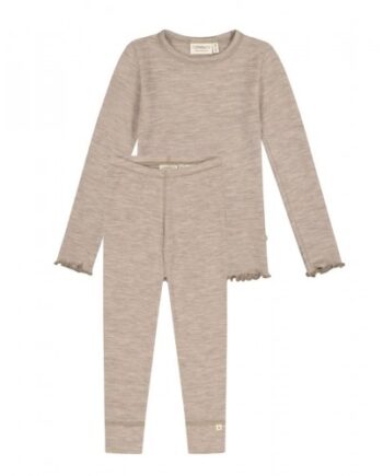 Pigesæt   100  Merino Uld  Oeko-texâ    Langærmet  -shirt   Leggings  1x1 Rib 86 92 Beige Melange