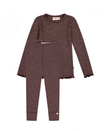 Pigesæt   100  Merino Uld  Oeko-texâ    Langærmet  -shirt   Leggings  1x1 Rib 86 92 Plum Melange