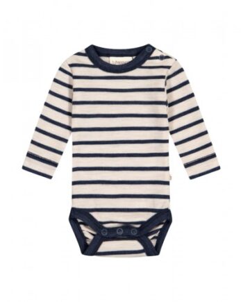 Stribet Body   1x1 Rib Med Knapper   100  Merino Uld  Oeko-texâ  56 Nature Navy Melange