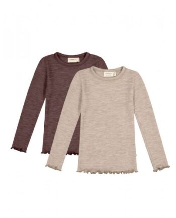-shirt   1x1 Rib Med Lange ærmer   100  Merino Uld  Oeko-texâ   -pak 110 116 Beige Plum Melange