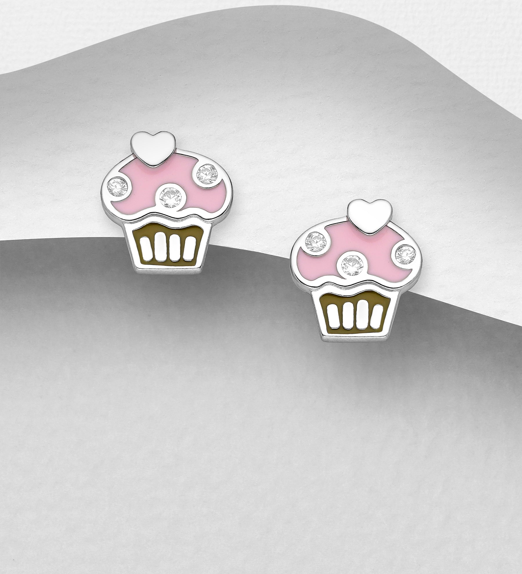 ørestikker Sølv Cup Cake Med Hjerte Lyserød