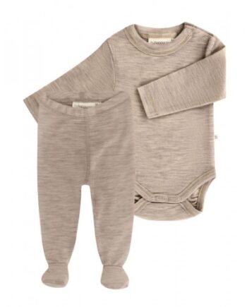 -pak Uldpakke Til Baby  Leggins Med Fod   Body Med Knap   100  Merinould Beige Melange 56