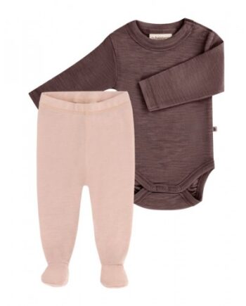 -pak Uldpakke Til Baby  Leggins Med Fod   Body Med Knap   100  Merinould 56 Berry Soft