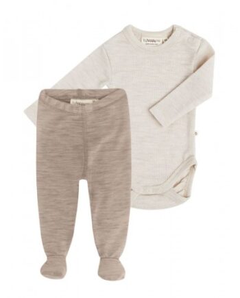 -pak Uldpakke Til Baby  Leggins Med Fod   Body Med Knap   100  Merinould 56 Dune Blend