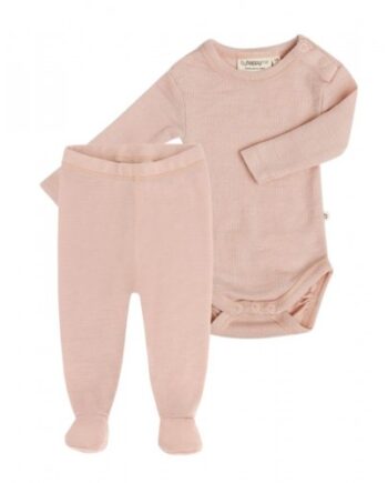 -pak Uldpakke Til Baby  Leggins Med Fod   Body Med Knap   100  Merinould Rose Melange 56