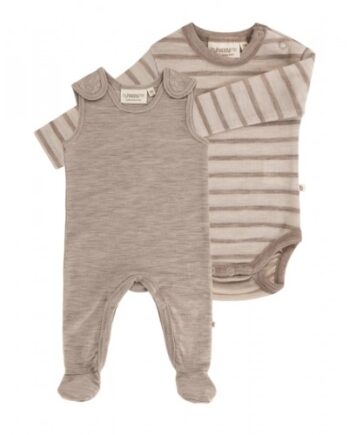 -pak Uldpakke Til Baby  Romper Med Fødder   Body Med Knap   100  Merinould 56 Beige Melange Beige Stribe