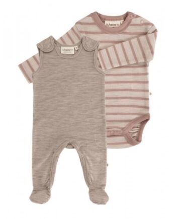 -pak Uldpakke Til Baby  Romper Med Fødder   Body Med Knap   100  Merinould 56 Beige Melange Soft Rose Stribe