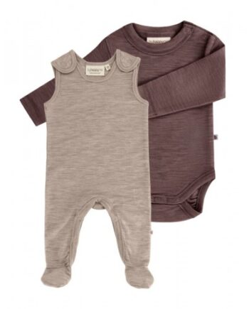 -pak Uldpakke Til Baby  Romper Med Fødder   Body Med Knap   100  Merinould 56 Dusty Fig