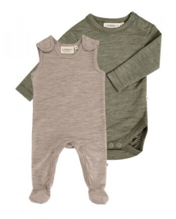 -pak Uldpakke Til Baby  Romper Med Fødder   Body Med Knap   100  Merinould 56 Moss Sand