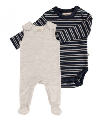 -pak Uldpakke Til Baby  Romper Med Fødder   Body Med Knap   100  Merinould 56 Nature Melange Navy Stribe