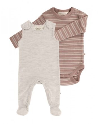 -pak Uldpakke Til Baby  Romper Med Fødder   Body Med Knap   100  Merinould 56 Nature Melange Soft Rose Stribe