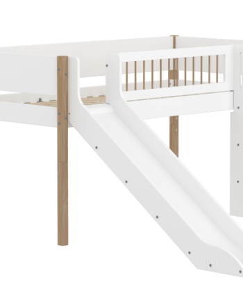 Flexa Nor Halvhøj Seng 120 Cm Med Rutchebane  Stige Og Crossbar Sengehest  90x200 Cm Hvid Eg