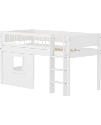 Flexa White Halvhøj Seng 120 Cm Med Stige  Crossbar Sengehest Og Træhytte-sengefronter 90x200 Cm Hvid