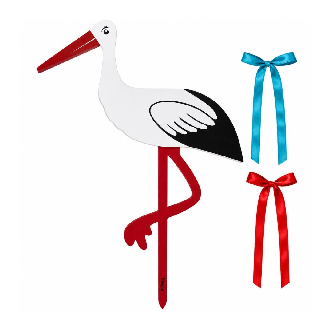 Fødselsstork   Træ Med Rødt Og Blåt Bånd 55 Cm Magni