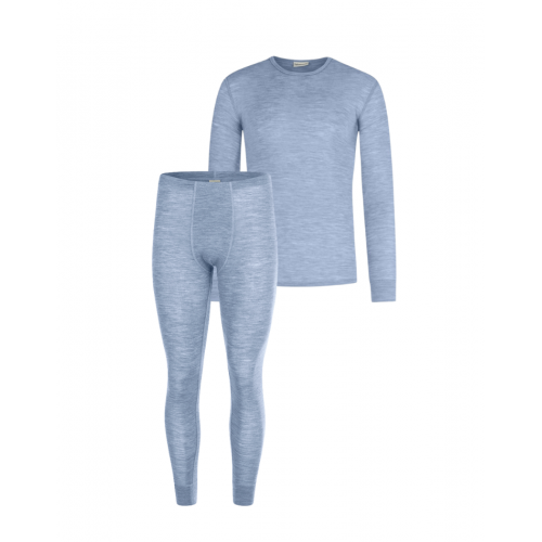 Herresæt   100  Merino Uld   Langærmet  -shirt Og Longjohns   Light Blue Melange