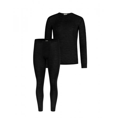 Herresæt   100  Merino Uld   Langærmet  -shirt Og Longjohns 1x1 Rib Black