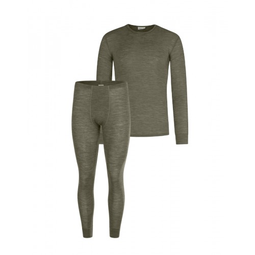 Herresæt   100  Merino Uld   Langærmet  -shirt Og Longjohns 1x1 Rib Moss Melange