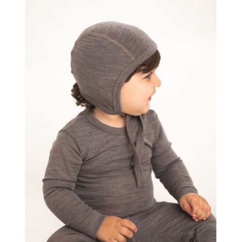 Baby Hjelm Med Snor   100  økologisk Merino Uld  Tynd Kvalitet   Lag Stof 62 68 Light Brown Melange