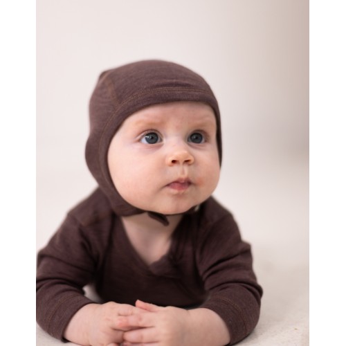 Baby Hjelm Med Trykknapper   100  økologisk Merino Uld  Tyk Kvalitet   Lag Stof 62 68 Plum Melange