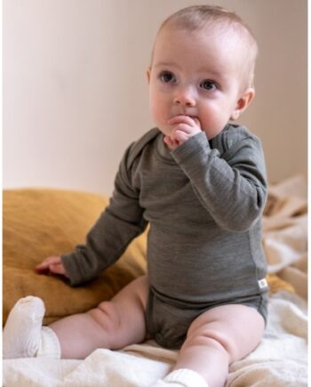 Body Med Lang ærme Og Amerikansk Lukning Til Baby   100  økologisk Merino Uld Light Brown Melange 56