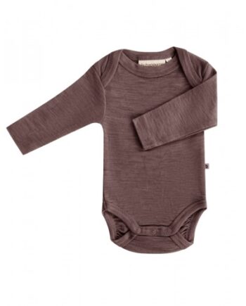 Body Med Lang ærme Og Amerikansk Lukning Til Baby   100  økologisk Merino Uld Plum Melange 62