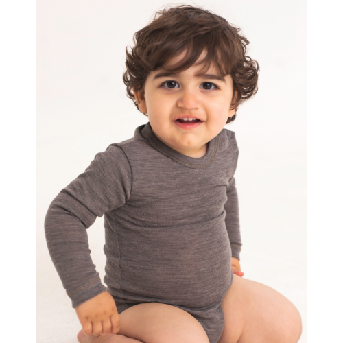 Body Med Lang ærme Og Rund Hals   100  økologisk Merino Uld Til Baby Light Brown Melange 56